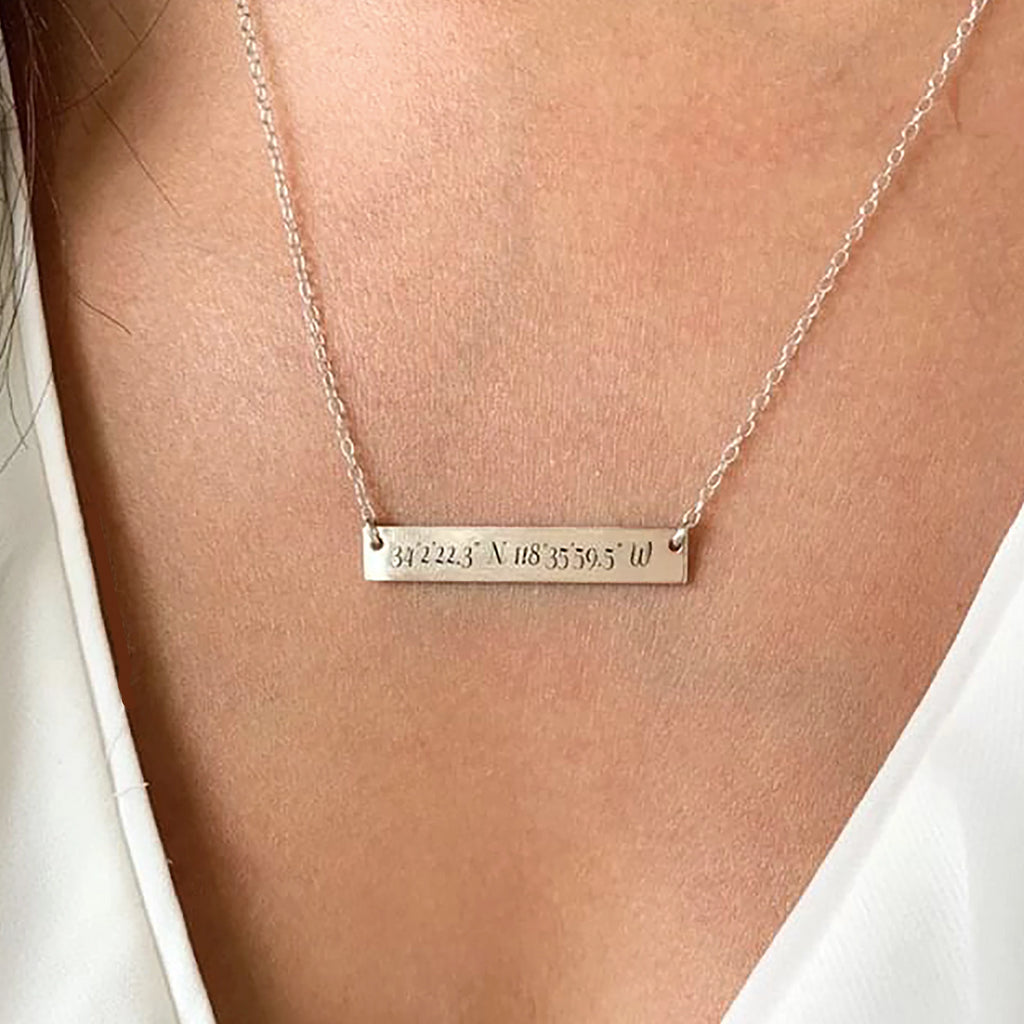 Gold Bar Necklace With Coordinates Sincerely Silver